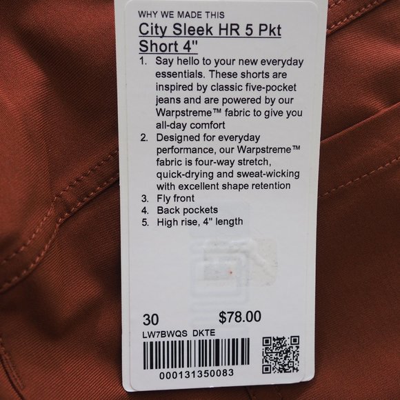 Lululemon Women's City Sleek High-Rise 5 Pocket Short 4" Dark Terracotta Size 30 - Picture 14 of 14